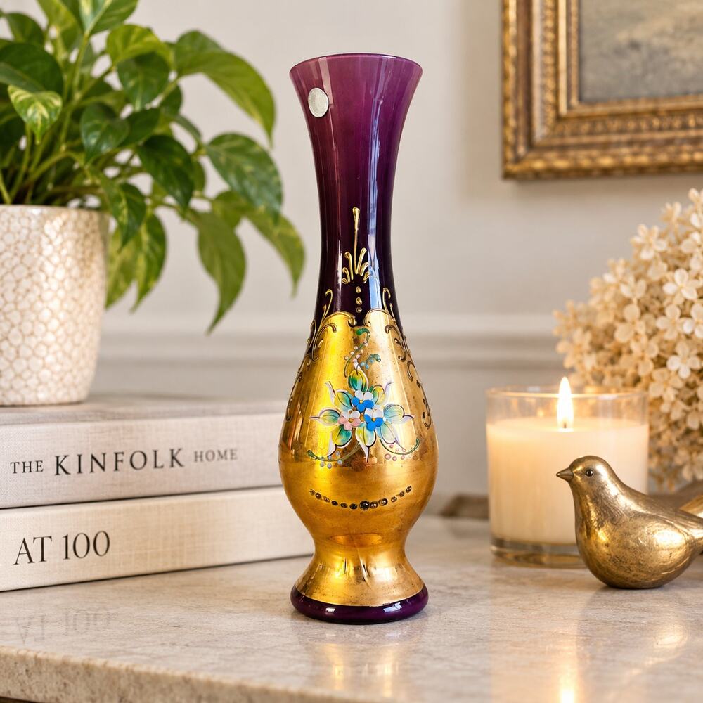 Italian Amethyst Purple Glass Vase Gold Gilt Enamel Flowers Made in Italy
